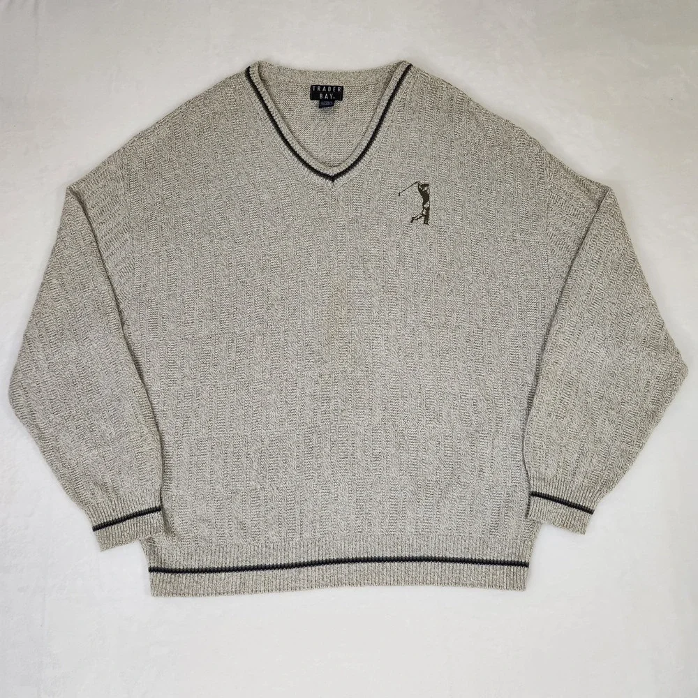 Trader Bay Mens 2XL V-Neck Golf Sweater Oatmeal Tan Knit Embroidered Made in USA
